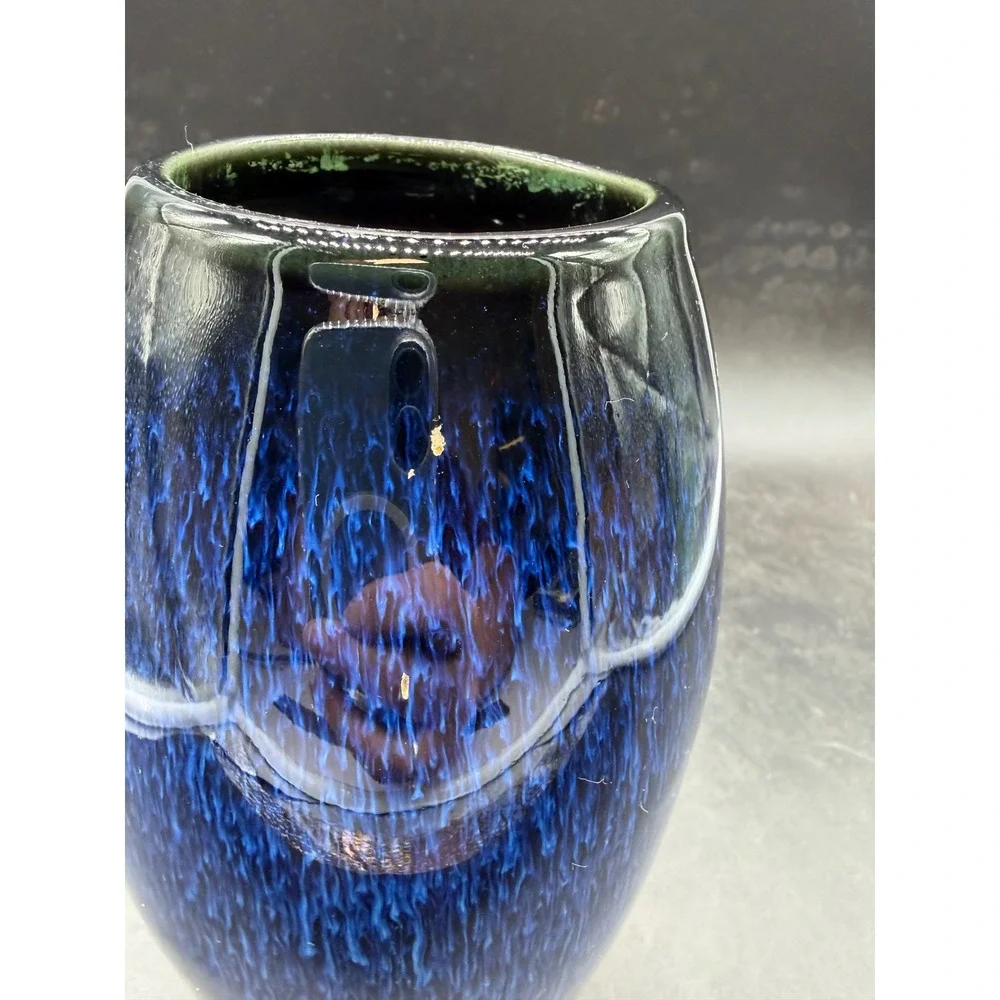 Blue Black Drip Glaze Ceramic Vase Ribbed Art Pottery Home Decor 7 Inch